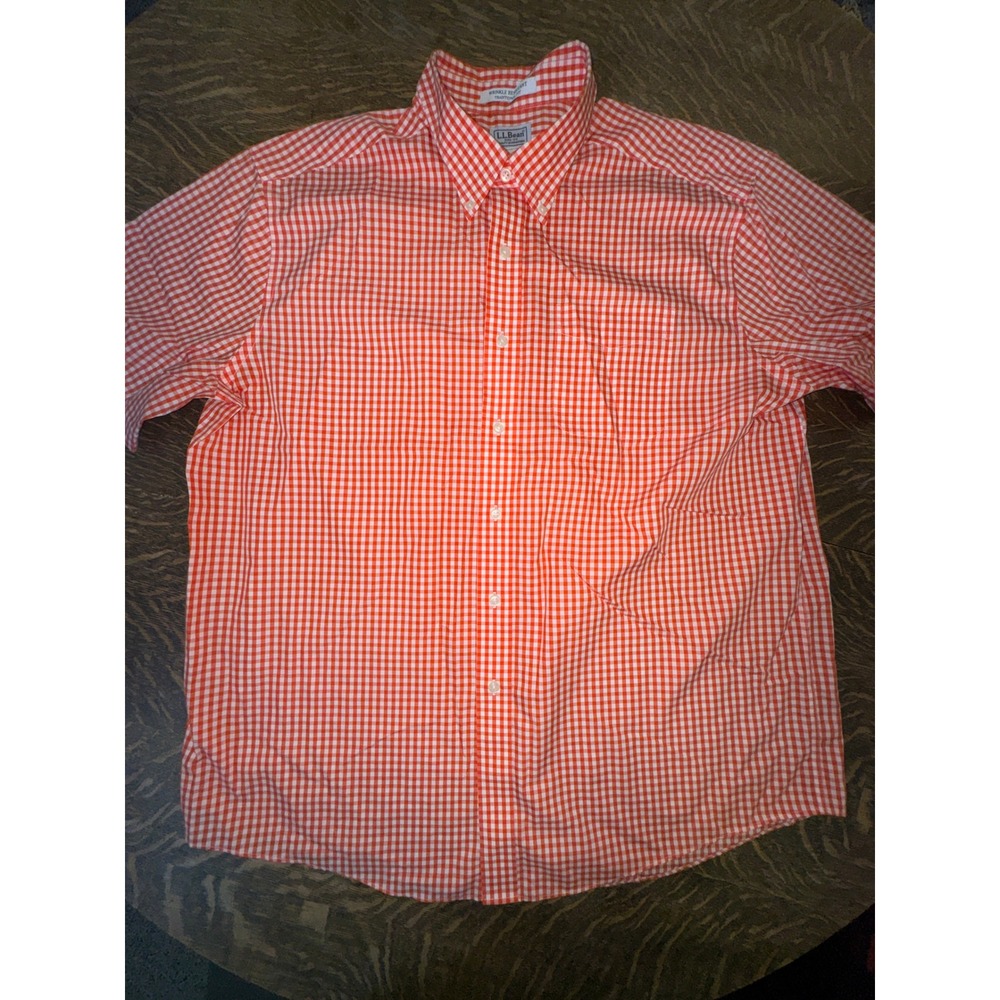 LL Bean Wrinkle Resistant Short Sleeve Shirt Mens XL Orange Gingham Button Down